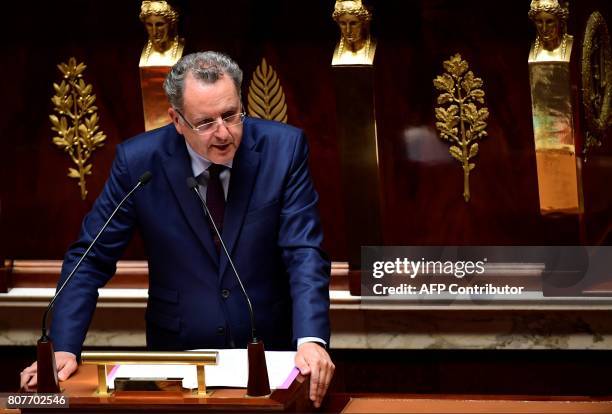 La Republique En Marche party's group president at the French national assembly, Richard Ferrand delivers a speech following the French Prime...