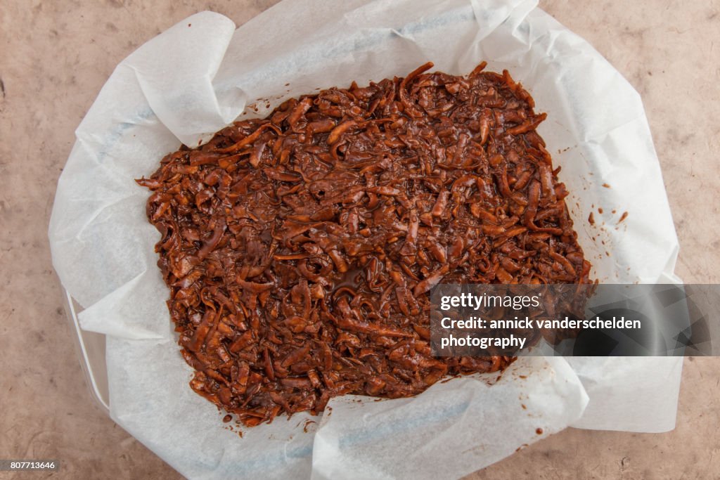 Oven dish with baking paper and brownie of sweet potato batter.