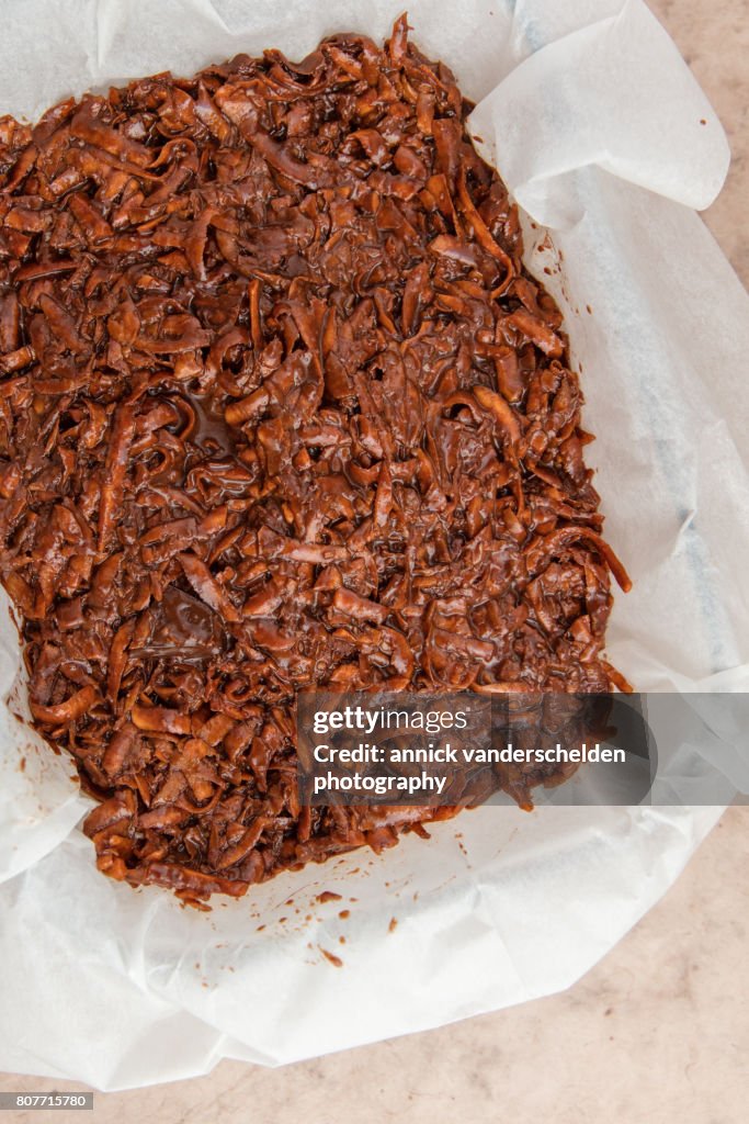 Oven dish with baking paper and brownie of sweet potato batter.