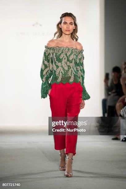 Model runs the runwy at the Ewa Herzog fashion show during the Mercedes-Benz Berlin Fashion Week Spring/Summer 2018 at Jandorf Kaufhaus in Berlin,...