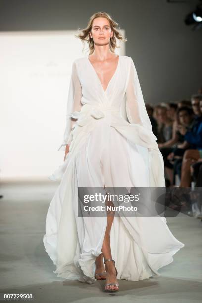 Model runs the runwy at the Ewa Herzog fashion show during the Mercedes-Benz Berlin Fashion Week Spring/Summer 2018 at Jandorf Kaufhaus in Berlin,...