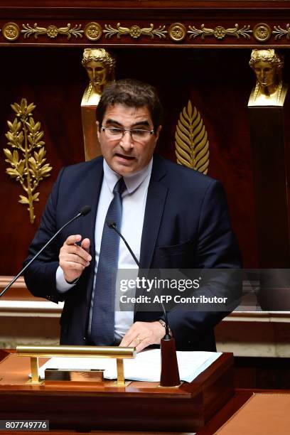 Les Republicains party's group president at the French national assembly, Christian Jacob delivers a speech following the French Prime Minister's...