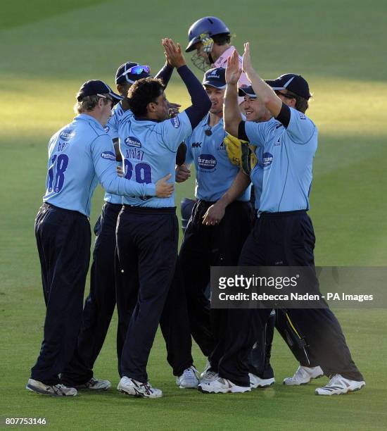 Sussex Sharks celebrate the wicket of Middlesex Panthers Adam Gilchrist during the Friends Provident T20 match at Lord's Cricket Ground, London.