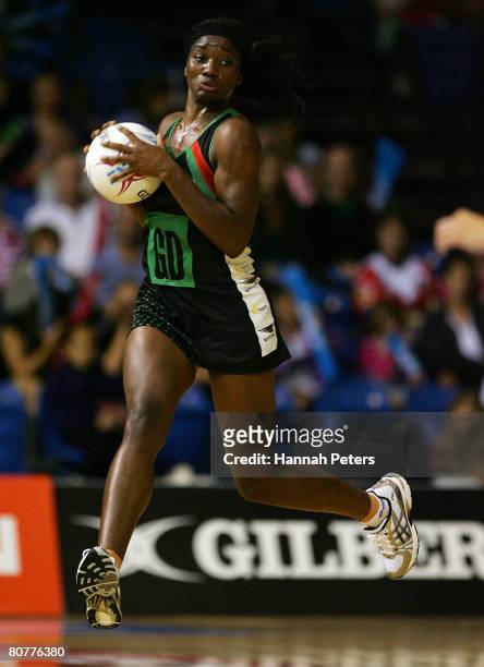 Of Ama Agbeze of the Fever attacks during the round three ANZ Championship match between the Northern Mystics and the West Coast Fever at The Trusts...