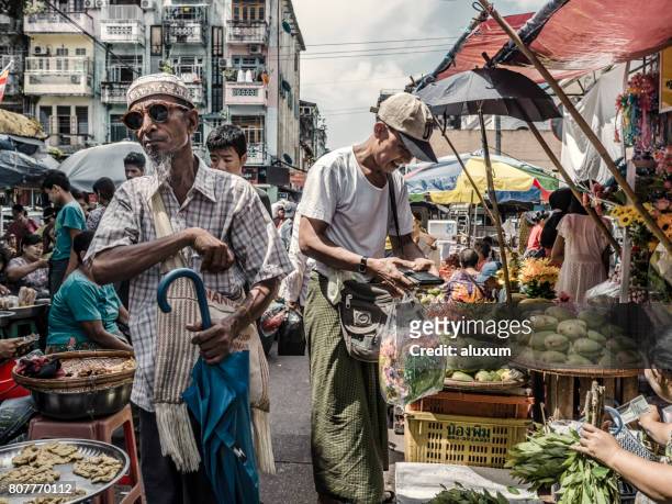 chinatown street market yangon myanmar - myanmar food stock pictures, royalty-free photos & images