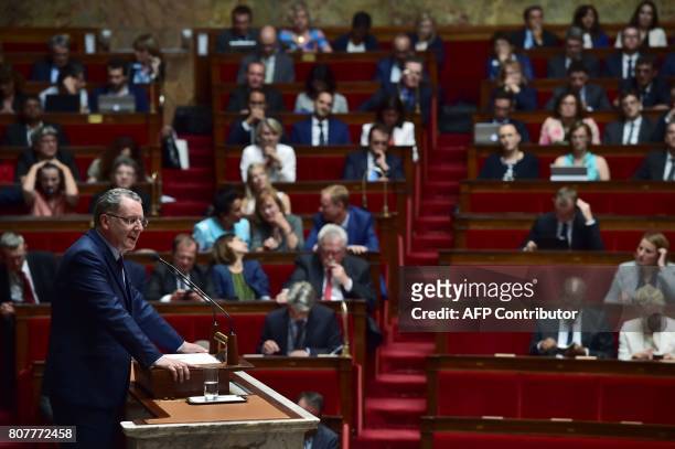 La Republique En Marche party's group president at the French national assembly, Richard Ferrand delivers a speech following the French Prime...