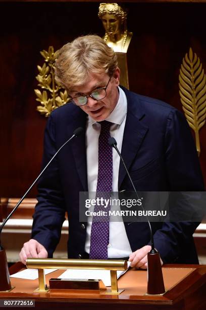 MoDem party's group president at the French national assembly, Marc Fesneau delivers a speech following the French Prime Minister's address of his...