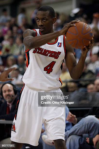 Mike Taylor of the Idaho Stampede looks for a pass against the Los Angeles D-Fenders during the D-League playoff game on April 18, 2008 at Qwest...