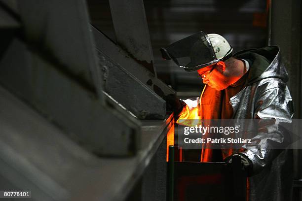 Steek worker of the Thyssen-Krupp Steel AG working at the steel factory of Thyssen -Krupp Steel on April 18, 2008 in Duisburg, Germany.