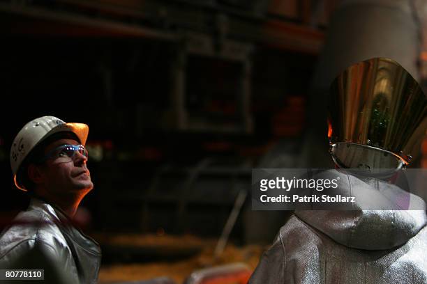 Steek worker of the Thyssen-Krupp Steel AG working at the steel factory of Thyssen -Krupp Steel on April 18, 2008 in Duisburg, Germany.