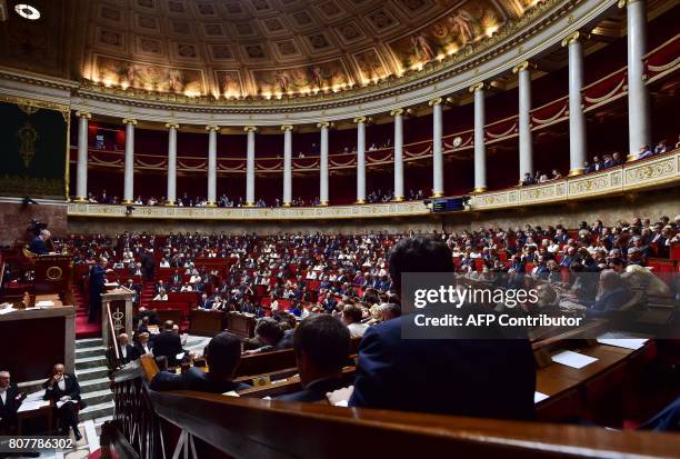 La Republique En Marche party's group president at the French national assembly, Richard Ferrand delivers a speech following the French Prime...