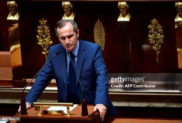 Co-president of "Les constructifs" parliamentary group, Stephane Demilly delivers a speech following the French Prime Minister's address of his...