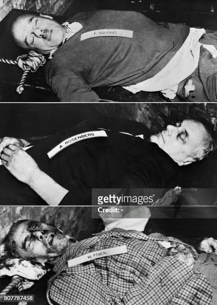 Combo photo taken on October 1946 shows the bodies of nazi criminals Fritz Sauckel, Alfred Rosenberg and Wilhelm Frick, executed after their trial...