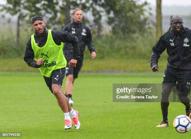 Achraf Lazaar passes the ball during the Newcastle United Training Session at the Newcastle United Training Centre on July 4, 2017 in Newcastle upon...