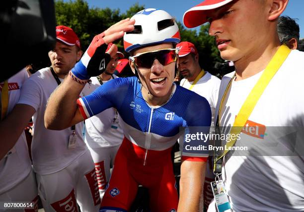 Arnaud Demare of France and and team FDJ celebrates after winning stage four of Le Tour de France 2017 on July 4, 2017 in Vittel, France.