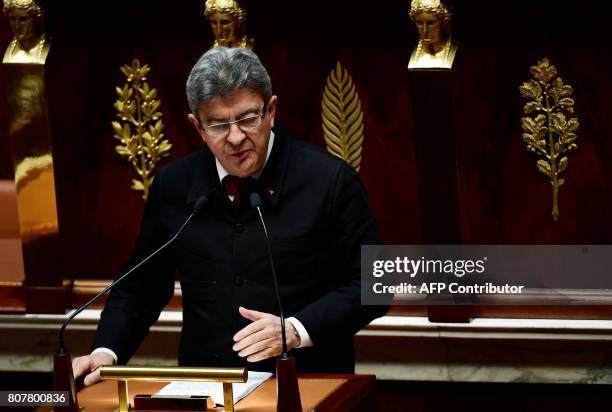 La France Insoumise leftist party's parliamentary group president, Jean-Luc Melenchon delivers a speech following the French Prime Minister's address...