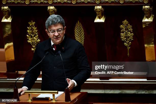 La France Insoumise leftist party's parliamentary group president, Jean-Luc Melenchon delivers a speech following the French Prime Minister's address...