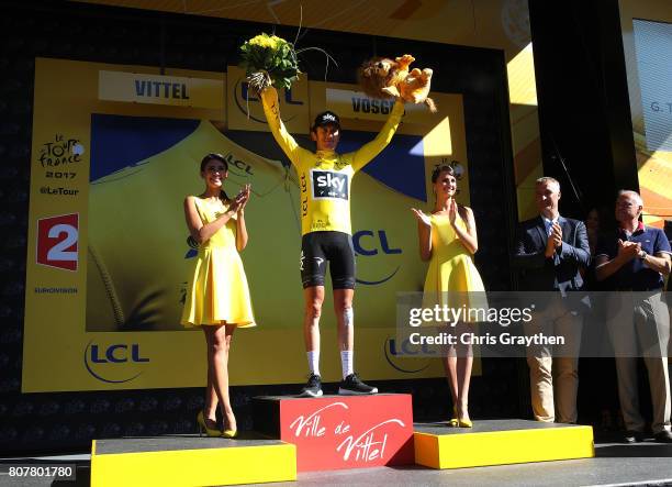 Geraint Thomas of Great Britain and Team Sky in the Yellow Jersey following stage four of Le Tour de France 2017 on July 4, 2017 in Vittel, France.