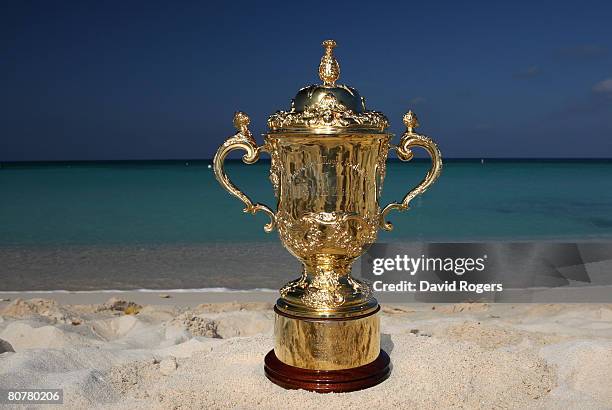 The William Webb Ellis Cup stands on West Bay Beach in the Caribbean for the first time ahead of the opening of tomorrow's IRB Rugby World Cup 2011...