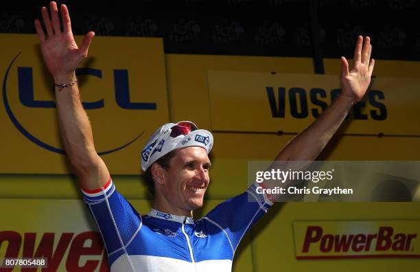 Arnaud Demare of France and and team FDJ celebrates after winning stage four of Le Tour de France 2017 on July 4, 2017 in Vittel, France.