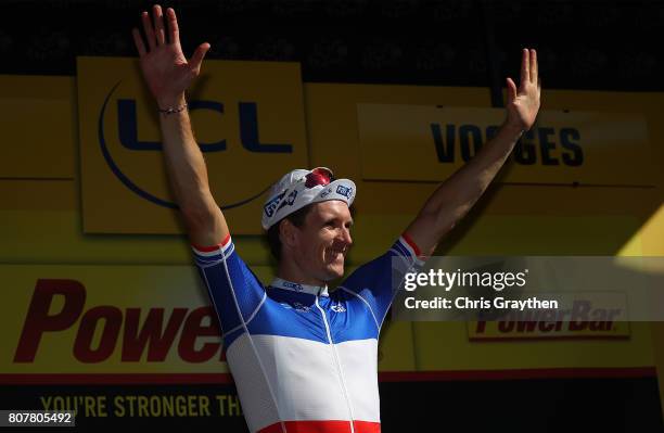 Arnaud Demare of France and and team FDJ celebrates after winning stage four of Le Tour de France 2017 on July 4, 2017 in Vittel, France.