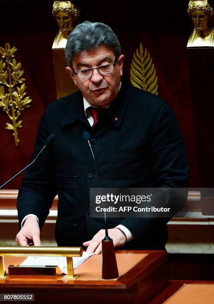 La France Insoumise leftist party's parliamentary group president, Jean-Luc Melenchon delivers a speech following the French Prime Minister's address...