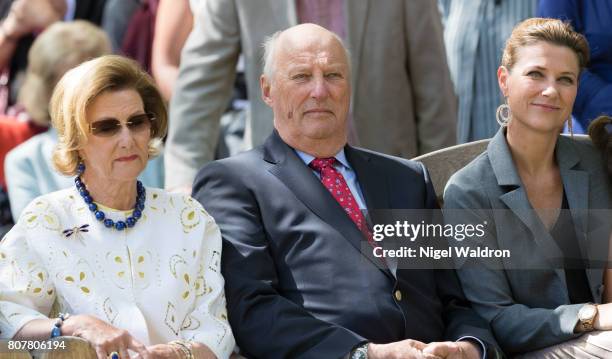 Queen Sonja of Norway, King Harald of Norway and Princess Martha Louise of Norway attend the unveiling of Norwegian Trekking Association gift for The...