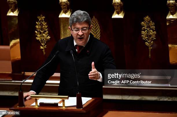 La France Insoumise leftist party's parliamentary group president, Jean-Luc Melenchon delivers a speech following the French Prime Minister's address...