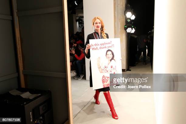 Model Sandra Hunke is seen backstage ahead of the Ewa Herzog show during the Mercedes-Benz Fashion Week Berlin Spring/Summer 2018 at Kaufhaus Jandorf...