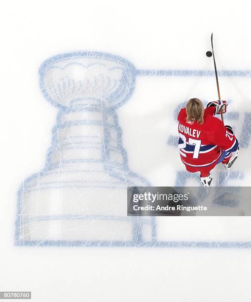 Alexei Kovalev of the Montreal Canadiens skates over the Stanley Cup Playoffs logo during warmups prior to a game against the Boston Bruins in game...