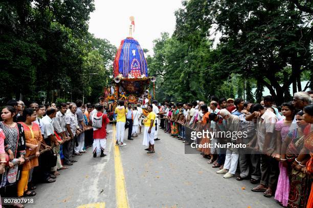 Indian Hindu Devotees join at the ISKCON 46th Ultta Rath Yatra on July 03,2017 in Kolkata ,India.The three deities of Jagannath, Balabhadra and...