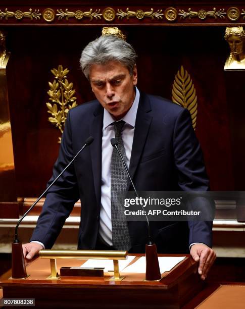 Democratic and Republican Left group president at the French national assembly, Sebastien Jumel delivers a speech following the French Prime...