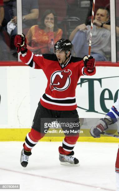 Brian Gionta of the New Jersey Devils celebrates his first period goal against the New York Rangers during game five of the 2008 NHL Eastern...