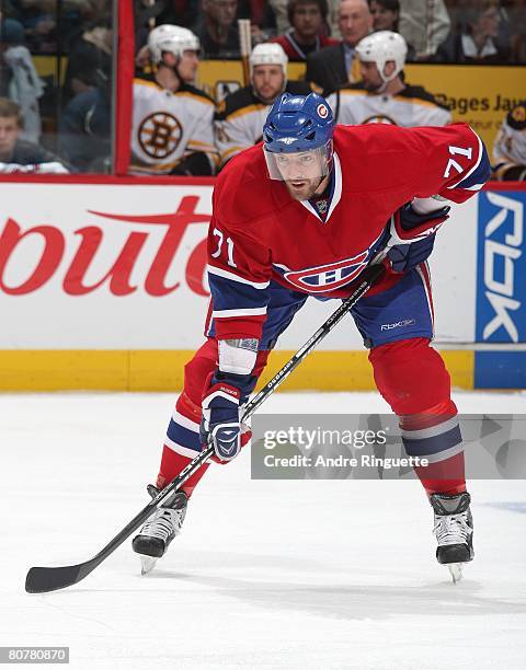 Patrice Brisebois of the Montreal Canadiens prepares for a faceoff against the Boston Bruins during game five of the 2008 NHL conference...