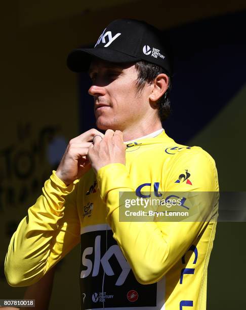 Geraint Thomas of Great Britain and Team Sky in the Yellow Jersey following stage four of Le Tour de France 2017 on July 4, 2017 in Vittel, France.