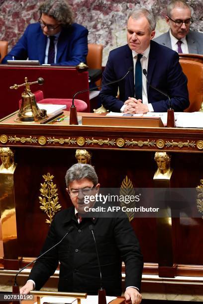 La France Insoumise leftist party's parliamentary group president, Jean-Luc Melenchon delivers a speech as President of the National Assembly,...