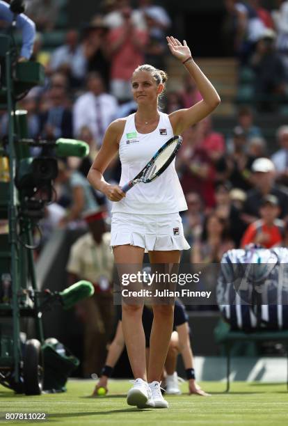 Karolina Pliskova of the Czech Republic celebrates victory during the Ladies Singles first round match against Evgeniya Rodina of Russia on day two...