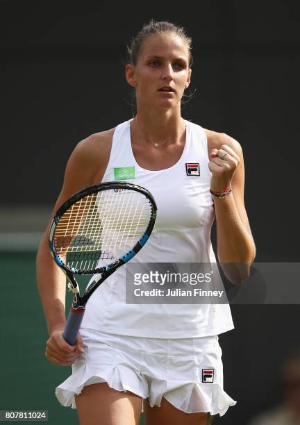 Karolina Pliskova of the Czech Republic celebrates victory during the Ladies Singles first round match against Evgeniya Rodina of Russia on day two...