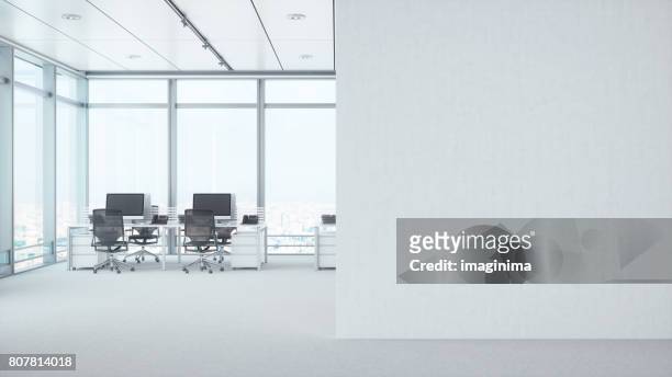 modern empty office room with white blank wall - 3d interior stock pictures, royalty-free photos & images