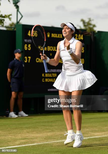 Christina McHale of The United States celebrates victory during the Ladies Singles first round match against Katie Boulter of Great Britain on day...