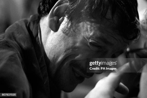Pat Cowdell sobs after he was knocked out in the 1st round of his featherweight match with Azumah Nelson, who was defending his WBC featherweight...