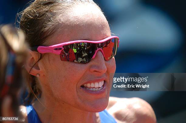 Julie Swail Ertel celebrates after winning the U.S. Olympic Team Trials for Triathlon on April 19, 2008 in Tuscaloosa, Alabama.