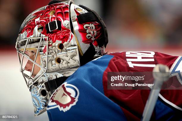 Goaltender Jose Theodore of the Colorado Avalanche had 35 saves against the Minnesota Wild during Game Six of the 2008 NHL Western Conference...