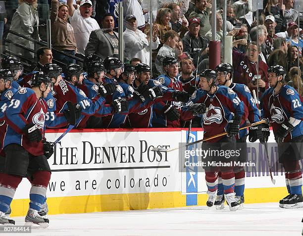 Members of the Colorado Avalanche celebrate Ryan Smyth's goal against the Minnesota Wild during game six of the Western Conference quarterfinals at...