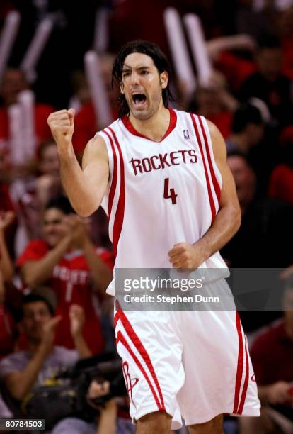 Luis Scola of the Houston Rockets celebrates against the Utah Jazz in Game One of the Western Conference Quarterfinals during the 2008 NBA Playoffs...