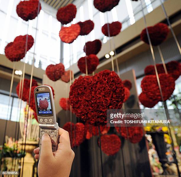 Visitor uses their mobile phone to take a picture of the flower artwork titled "Tsunagaru Kokoro" or "Connecting Heart" during the Flower Weeks 2008...