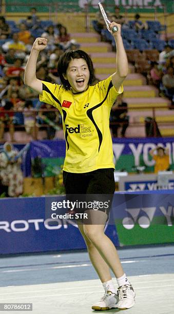 China Jiang Yanjiao celebrates after defeating compatriot Wang Lin in the women's singles finals during the Asian Badminton Championships in Johor...