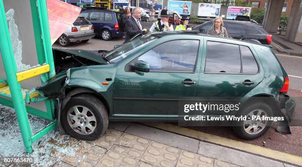 The car that crashed into a bus shelter in Birmingham during the launch by the Prime Minister of the Labour party's latest campaign posters.