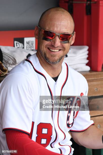 Ryan Raburn of the Washington Nationals looks on before a baseball game against the Chicago Cubs at Nationals Park on June 29, 2017 in Washington,...