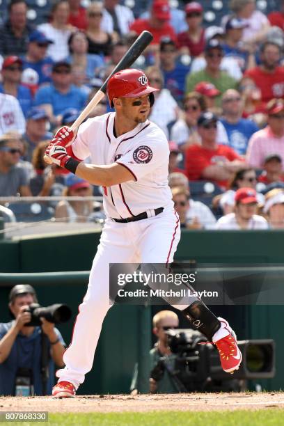 Ryan Raburn of the Washington Nationals prepares for a pitch during a baseball game against the Chicago Cubs at Nationals Park on June 29, 2017 in...